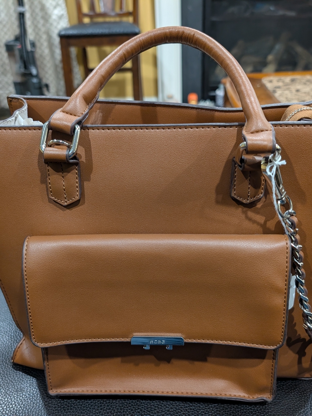 Classic Tan Satchel Handbag with Front Flap Pocket